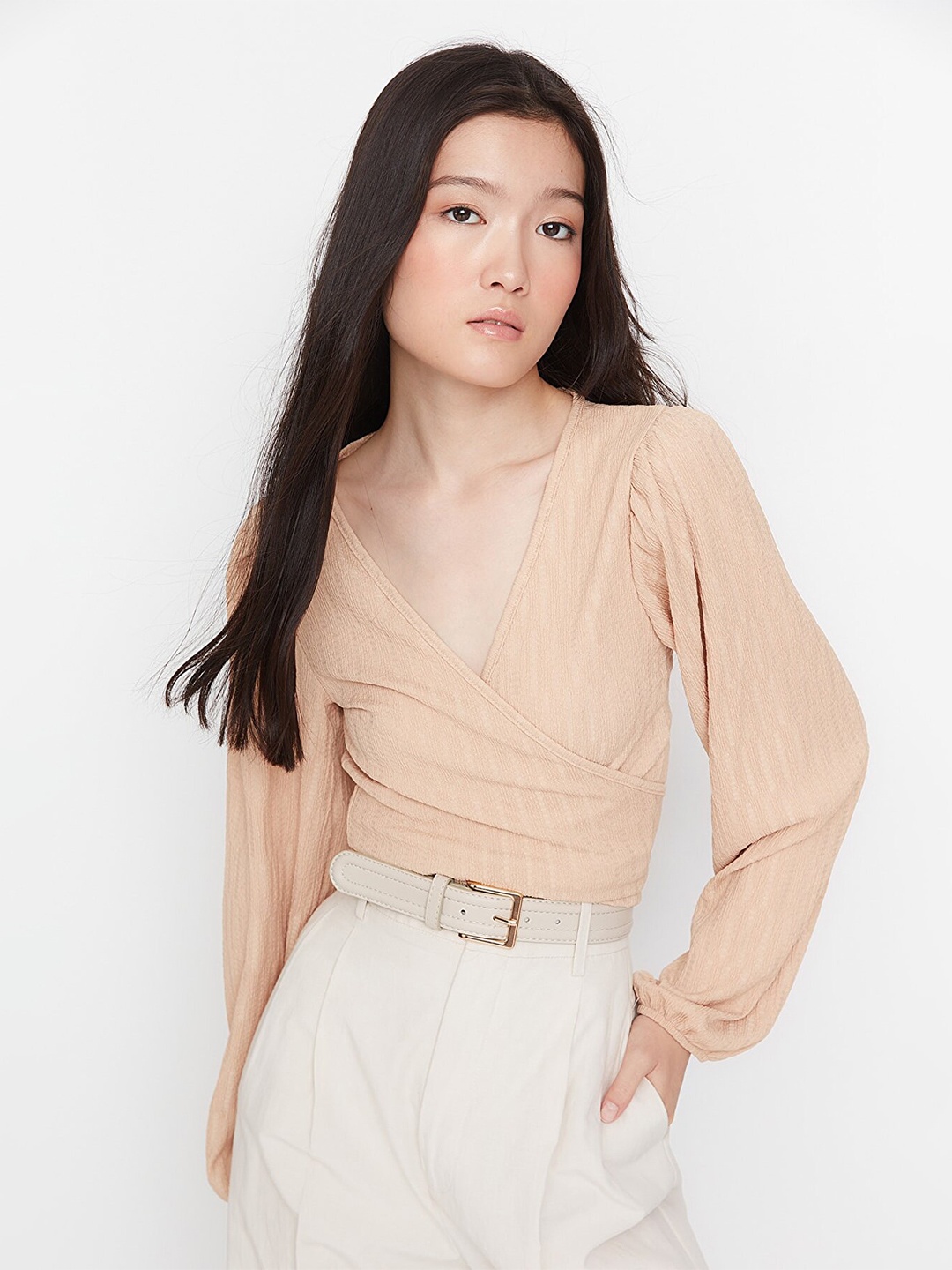 

Trendyol Women Beige Solid Polyester Wrap Top