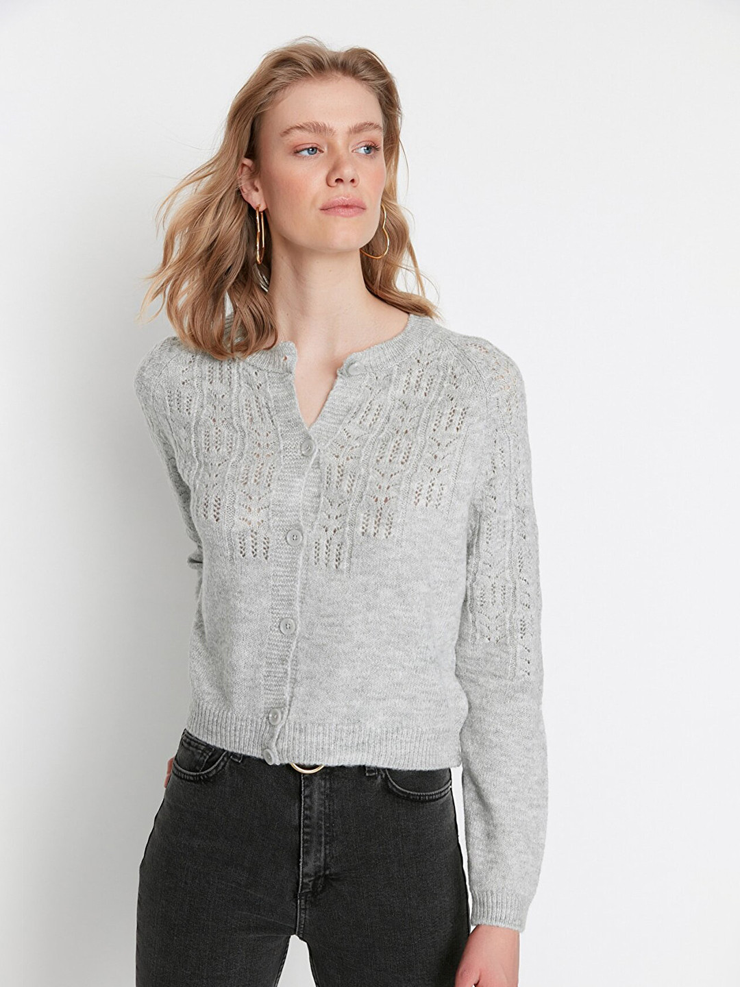 

Trendyol Women Grey Round Neck Cardigan