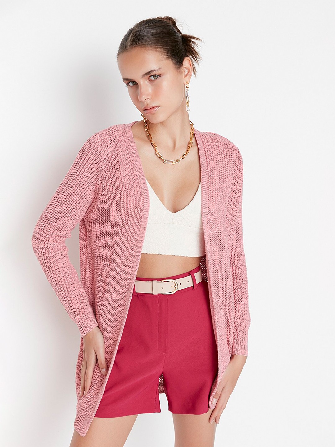 

Trendyol Women Pink Solid Longline Front-Open Sweater