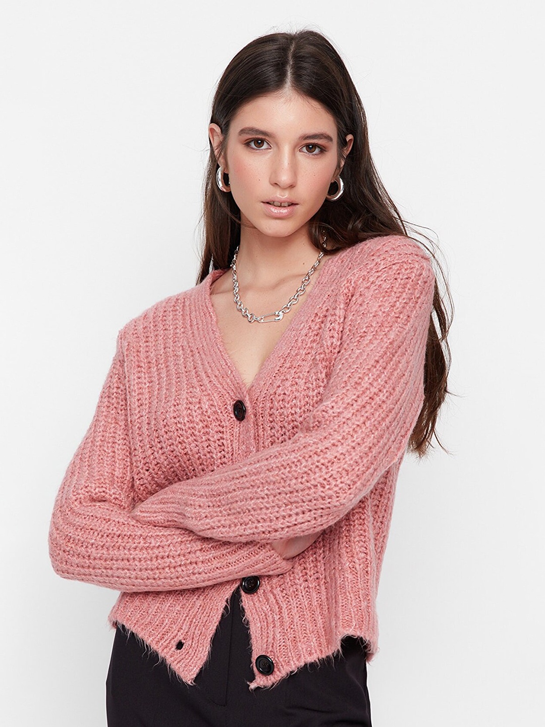 

Trendyol Women Pink Self Design V-Neck Top
