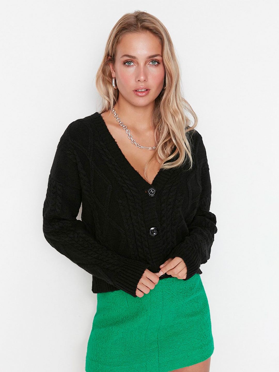 

Trendyol Women Black Self Design V-Neck Top
