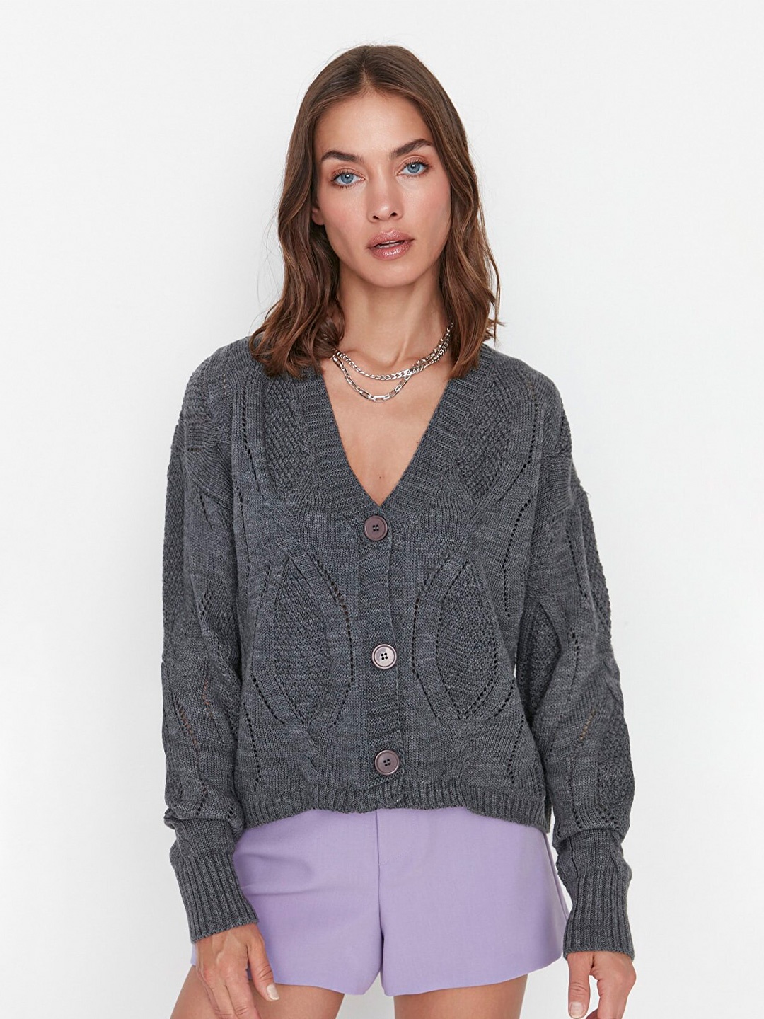 

Trendyol Women Charcoal Self Design V-Neck Acrylic Cardigan