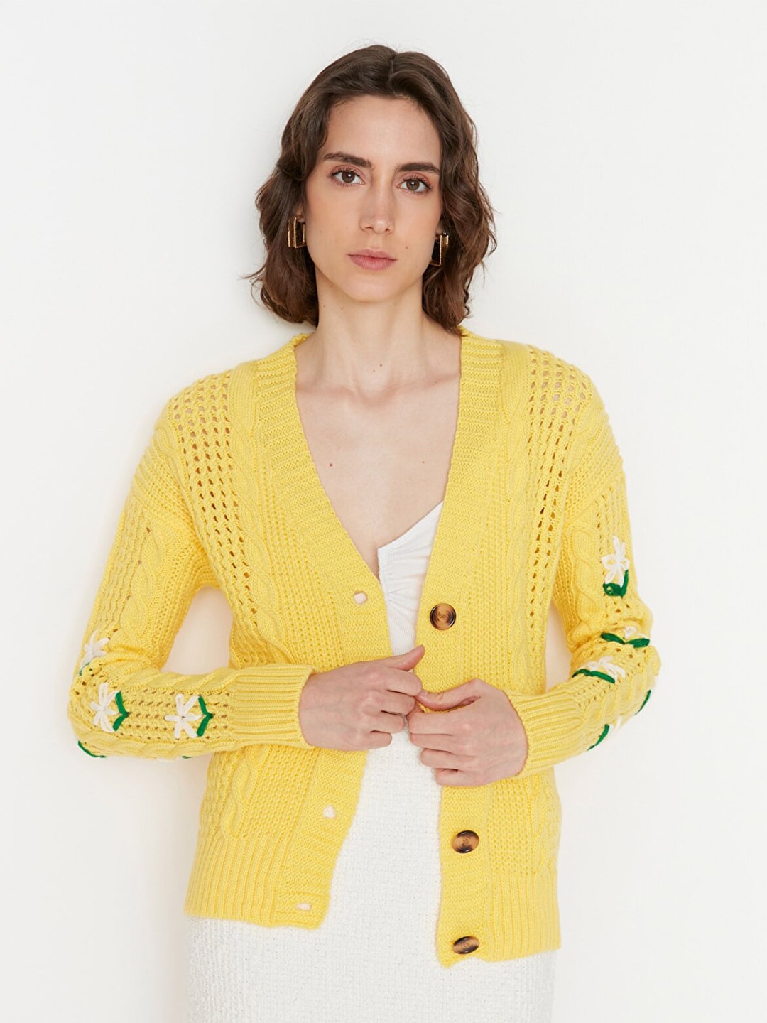 

Trendyol Women Yellow Cable Knit Cardigan with Embroidered Detail