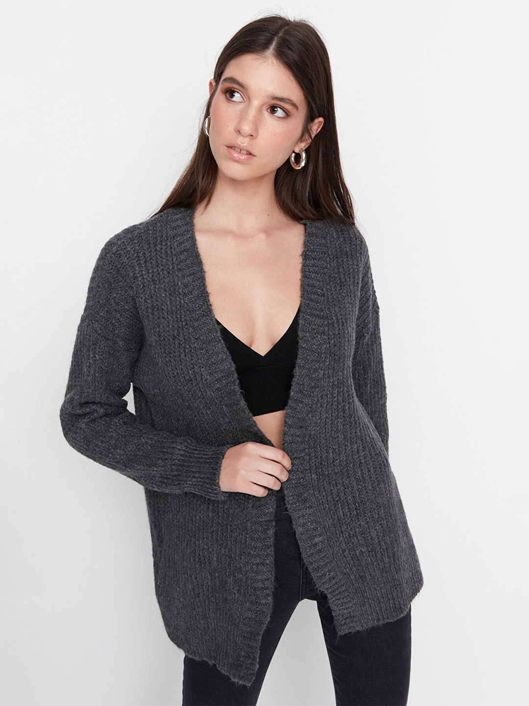 

Trendyol Women Charcoal Longline Front Open Sweater
