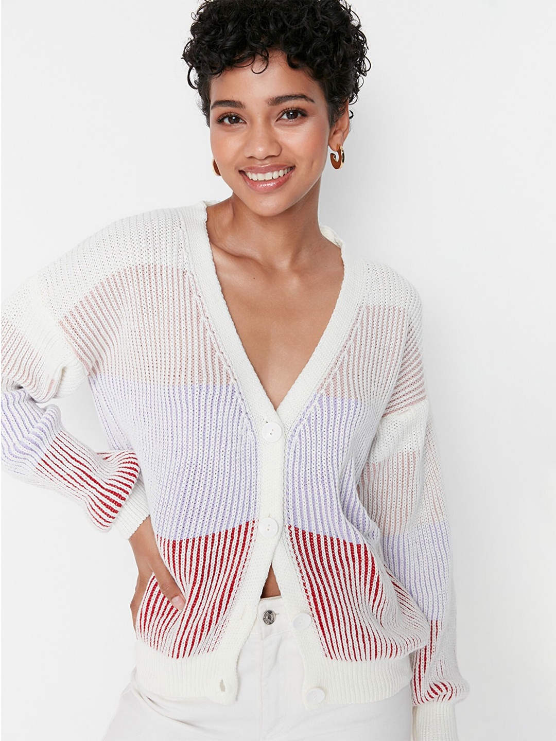 

Trendyol Women Off White & Purple Colourblocked Acrylic Cardigan