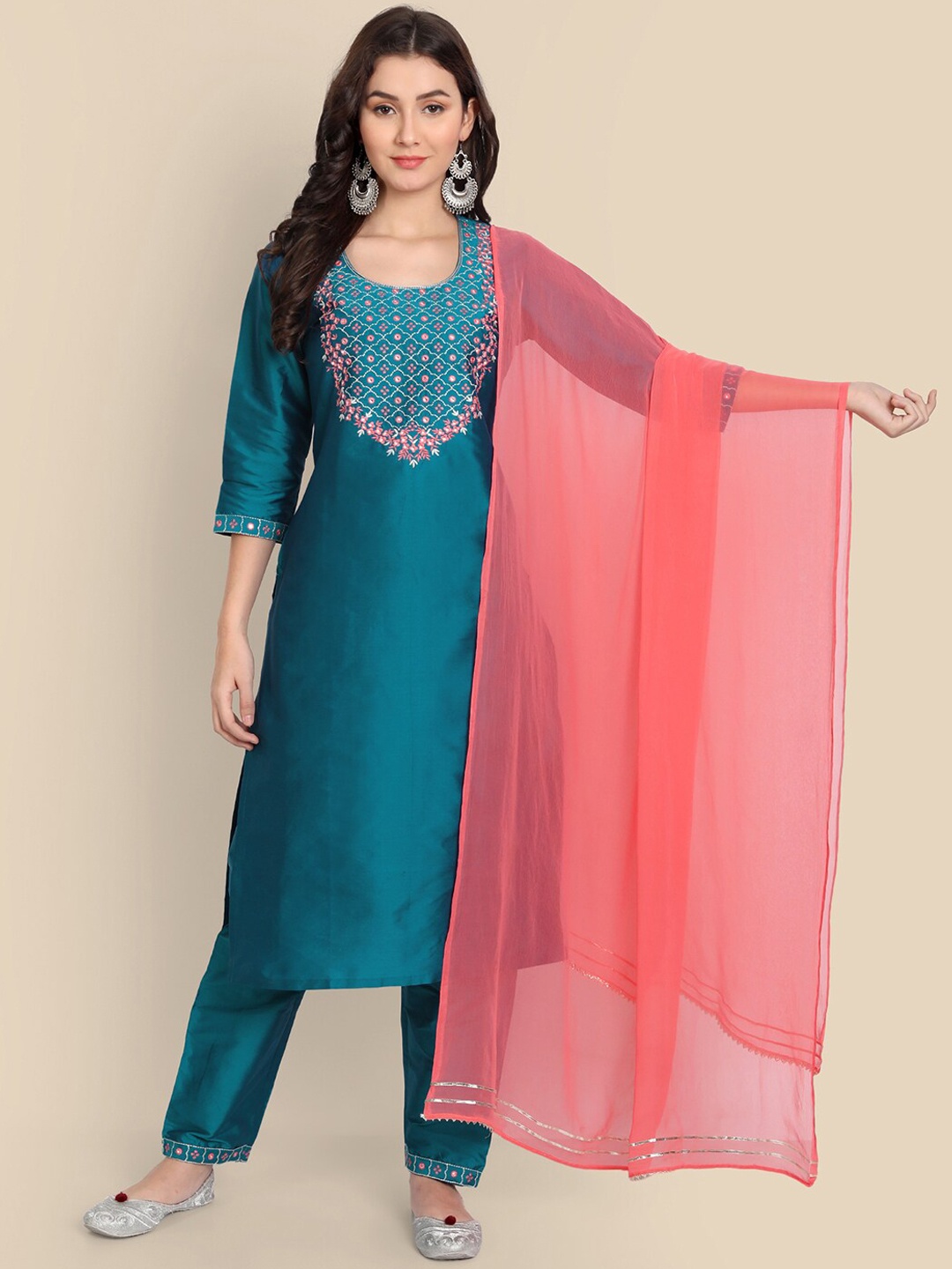 

Wyfees Women Turquoise Blue Floral Embroidered Kurta with Trousers & With Dupatta