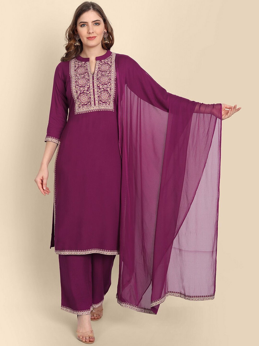 

Wyfees Women Purple Ethnic Motifs Yoke Design Kurta with Palazzos & With Dupatta