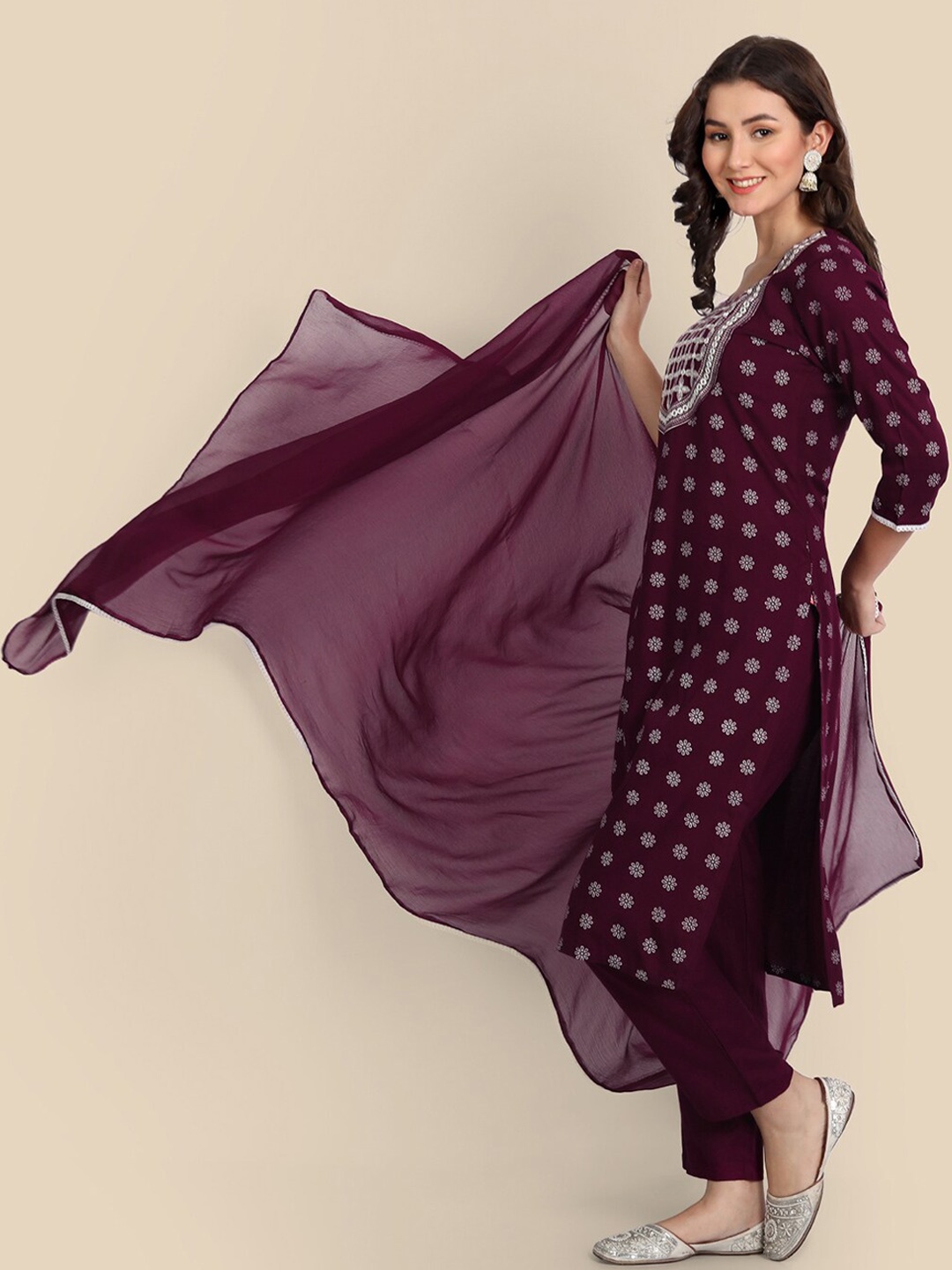 

Wyfees Women Purple Ethnic Motifs Printed Kurta with Trousers & With Dupatta
