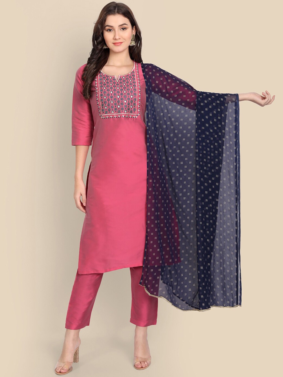 

Wyfees Women Purple Yoke Design Kurta with Trousers & With Dupatta