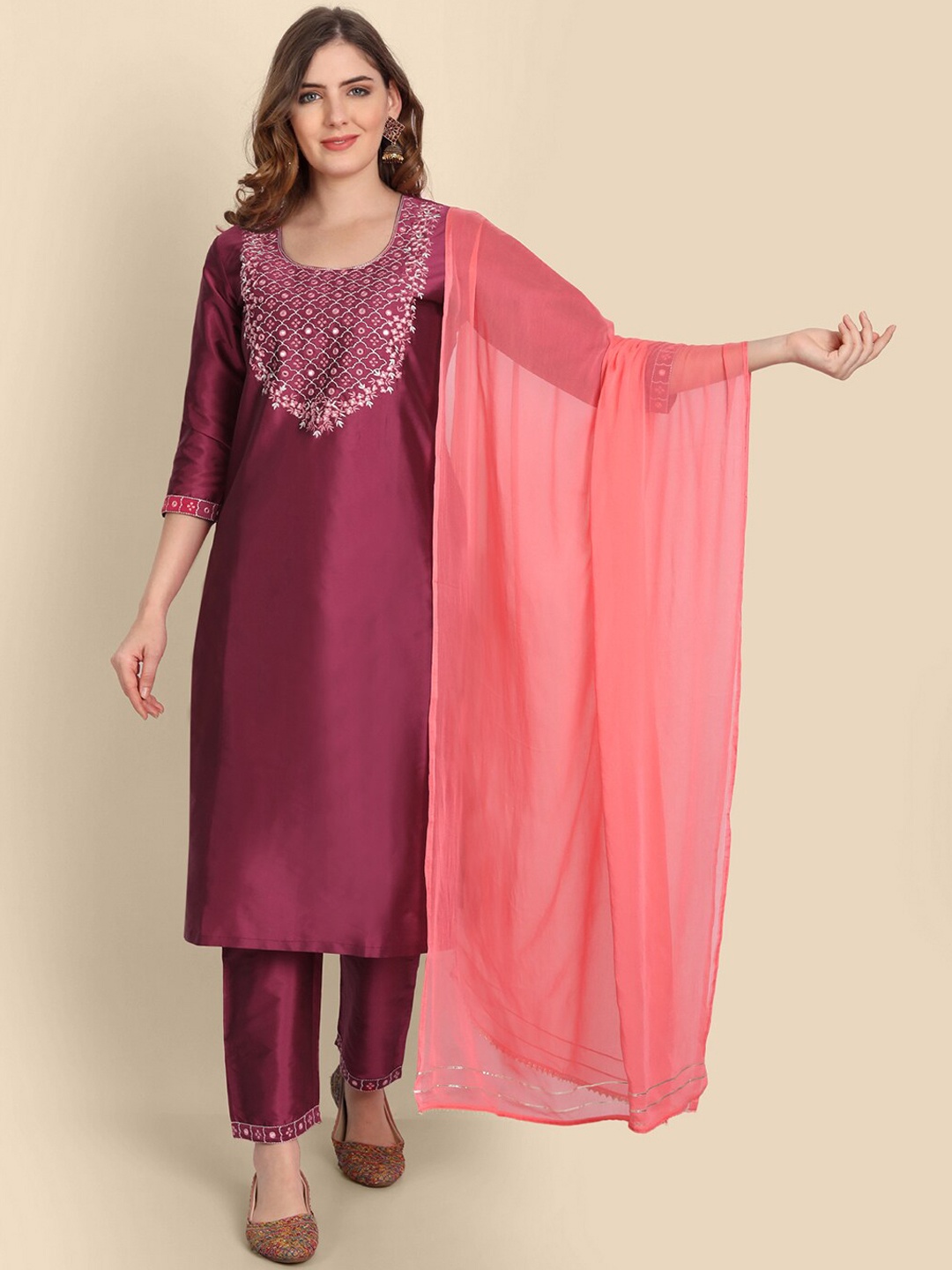 

Wyfees Women Purple Ethnic Motifs Yoke Design Kurta with Trousers & With Dupatta