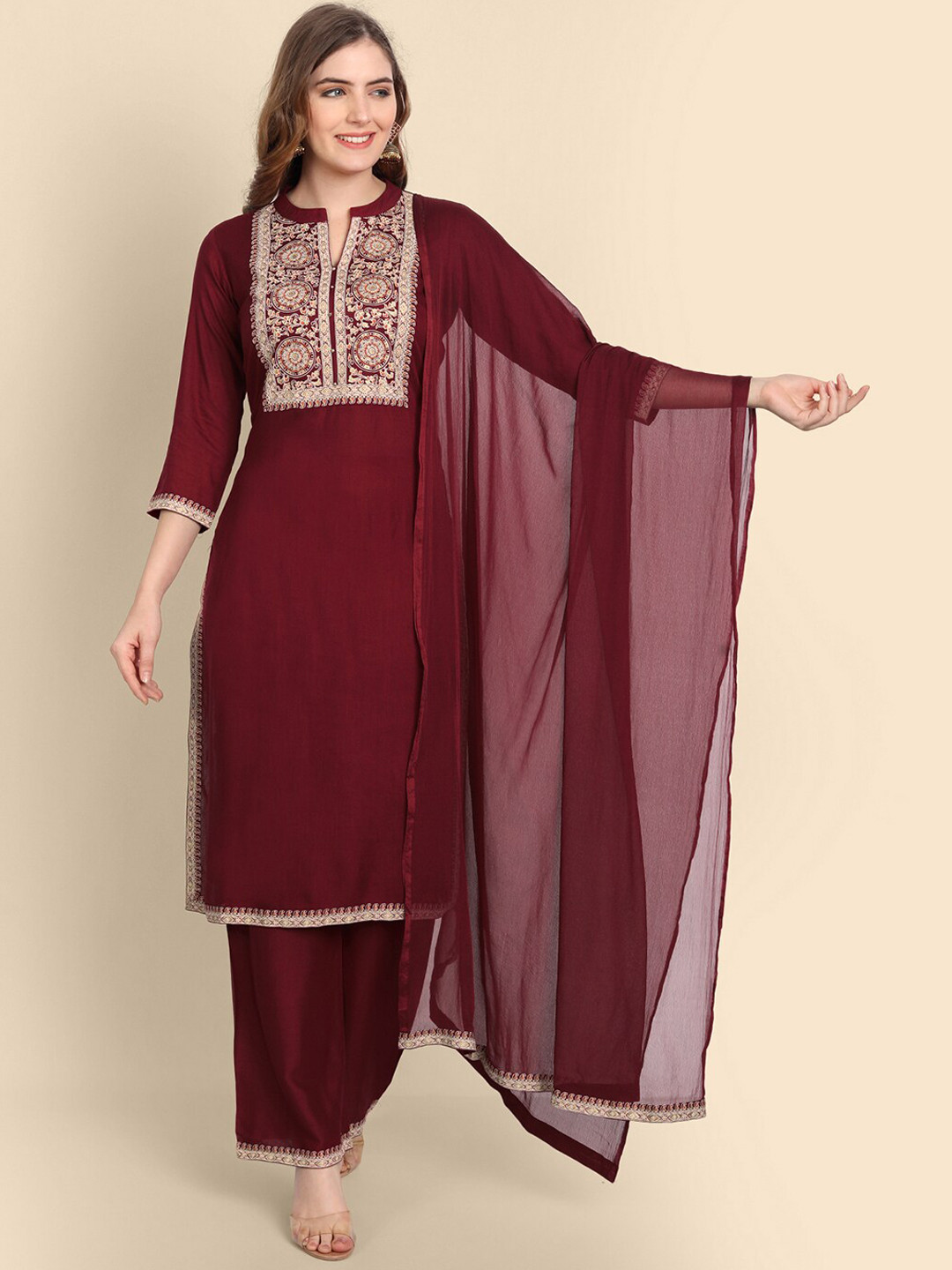 

Wyfees Women Maroon Ethnic Motifs Yoke Design Kurta with Trousers & With Dupatta