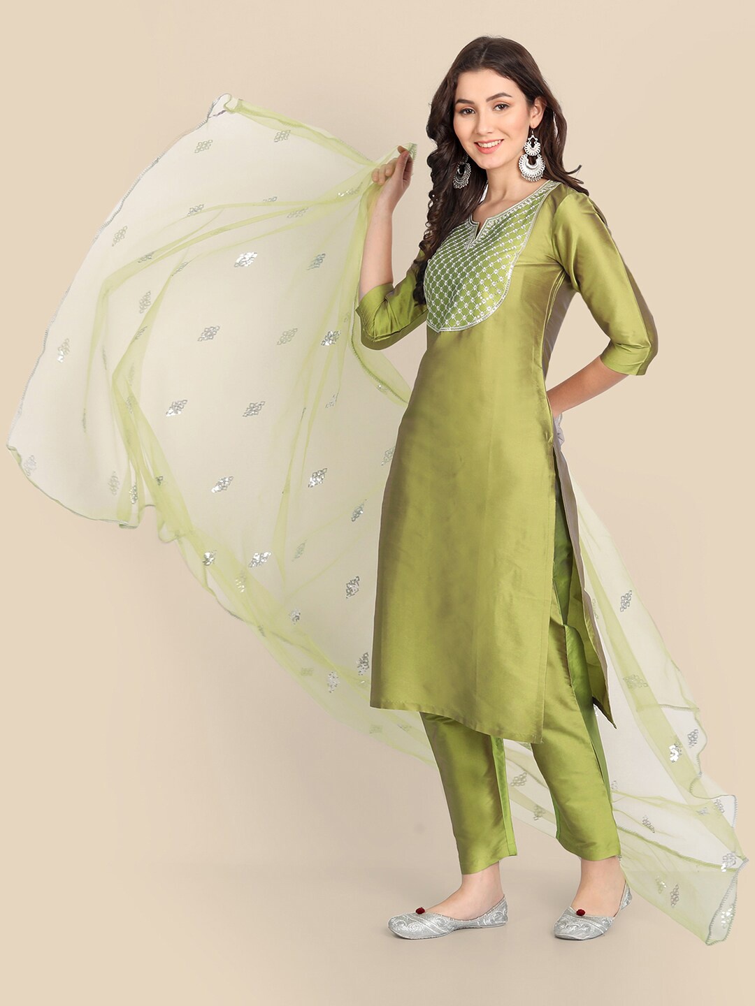 

Wyfees Women Green Ethnic Motifs Embroidered Kurta with Trousers & With Dupatta