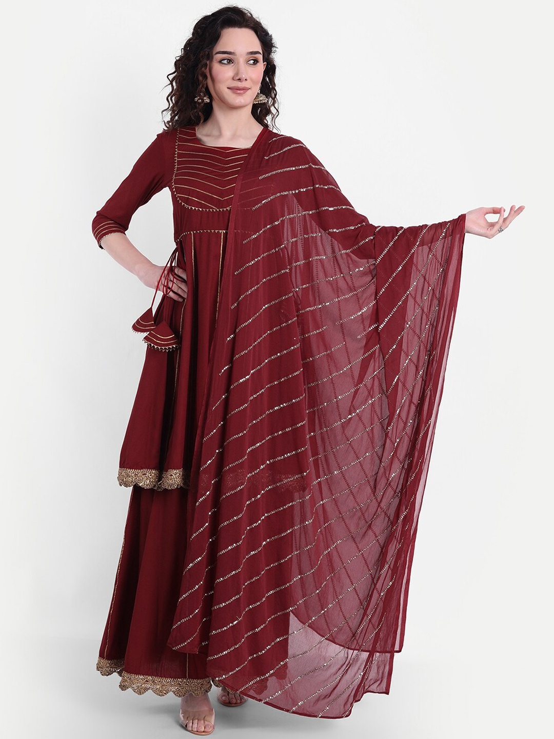 

Wyfees Women Maroon Embroidered Gotta Patti Kurti with Sharara & With Dupatta Set
