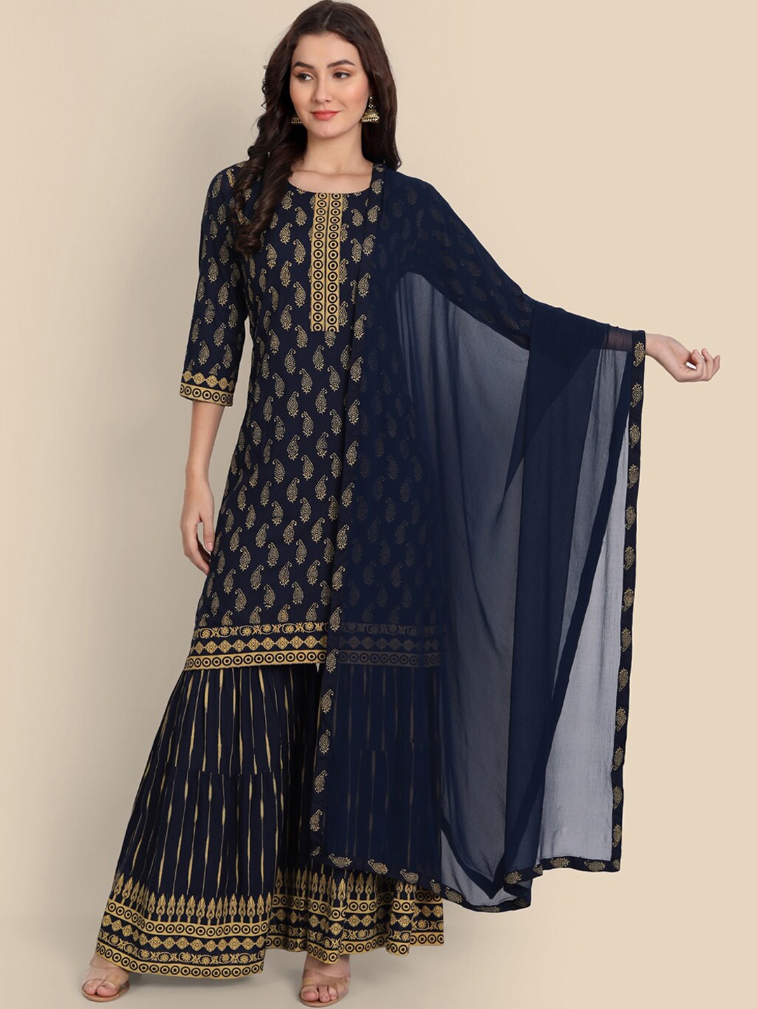 

Wyfees Women Blue Paisley Printed Kurta with Sharara & With Dupatta