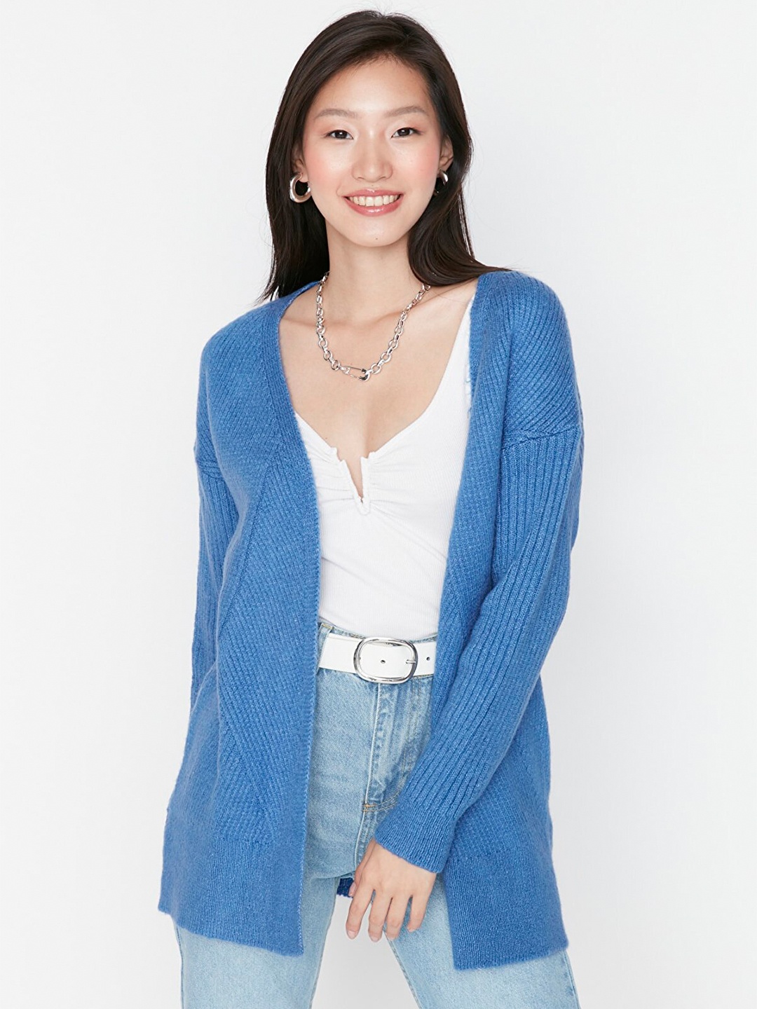 

Trendyol Women Blue Acrylic Longline Open Front Jacket