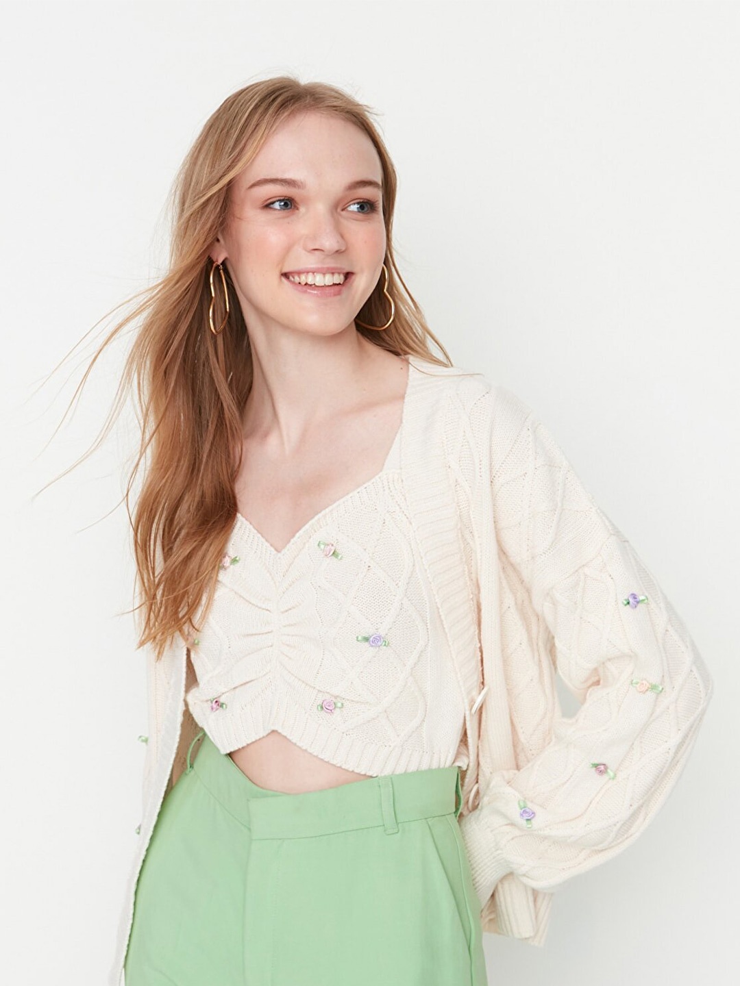 

Trendyol Women Cream-Coloured Embellished Extended Sleeves Crop Top