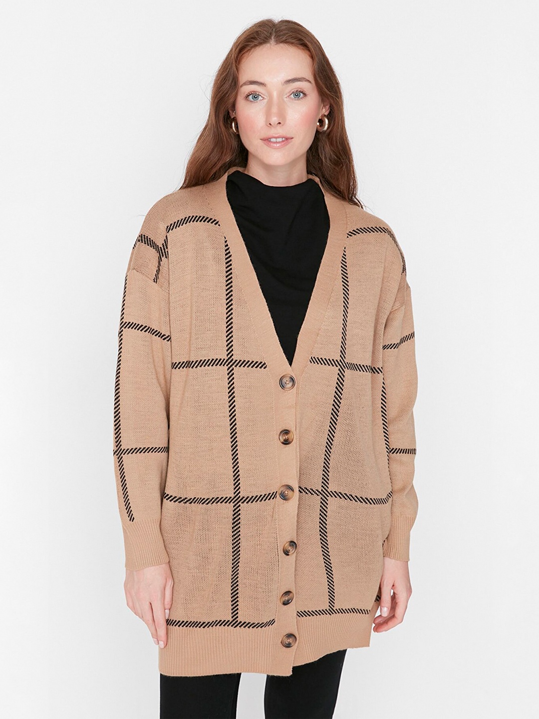 

Trendyol Women Camel Brown & Black Checked Top