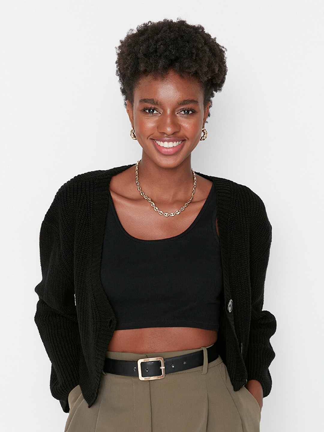 

Trendyol Women Black Ribbed Crop Cardigan