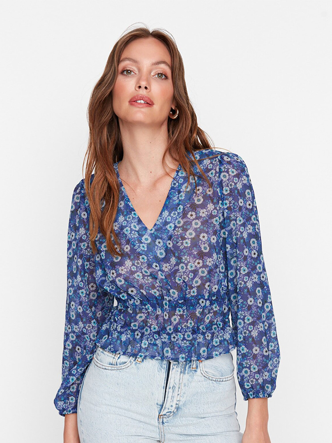 

Trendyol Women Blue Floral Printed V Neck Top