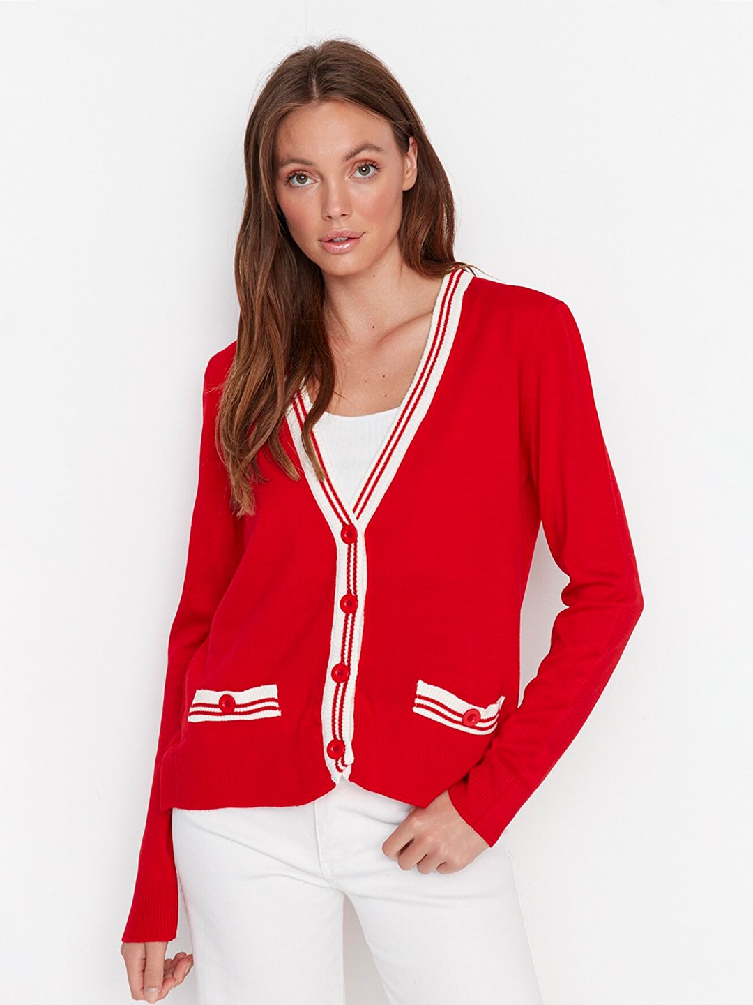 

Trendyol Women Red & White V-Neck Regular Top