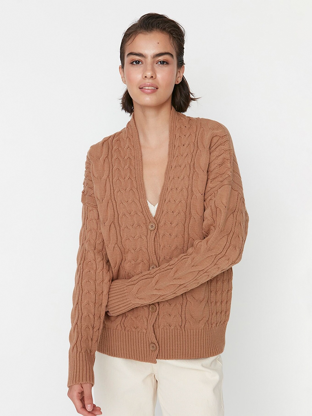 

Trendyol Women Camel Brown Cable Knit Cardigan