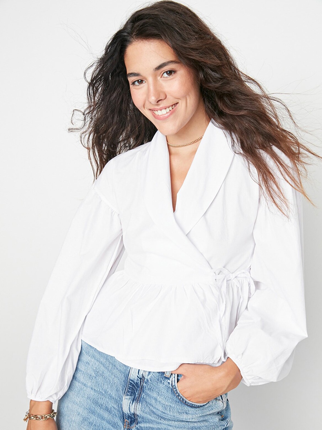 

Trendyol Women Off White Bishop Sleeves Wrap Top