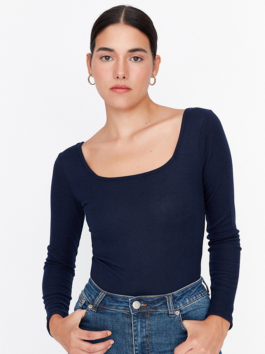 

Trendyol Women Navy Blue Fitted Top