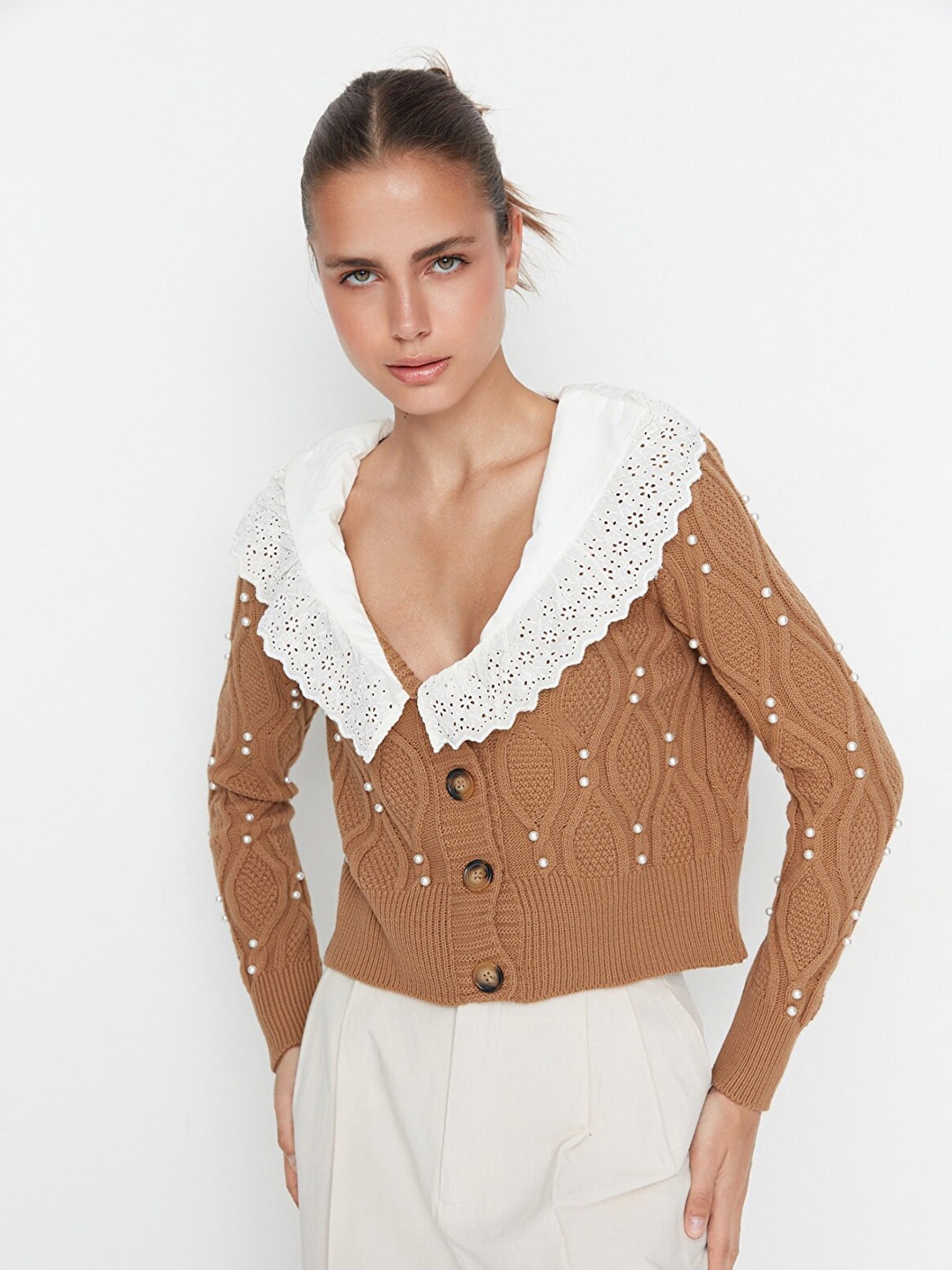 

Trendyol Women Brown & White Self Design Embellished Top