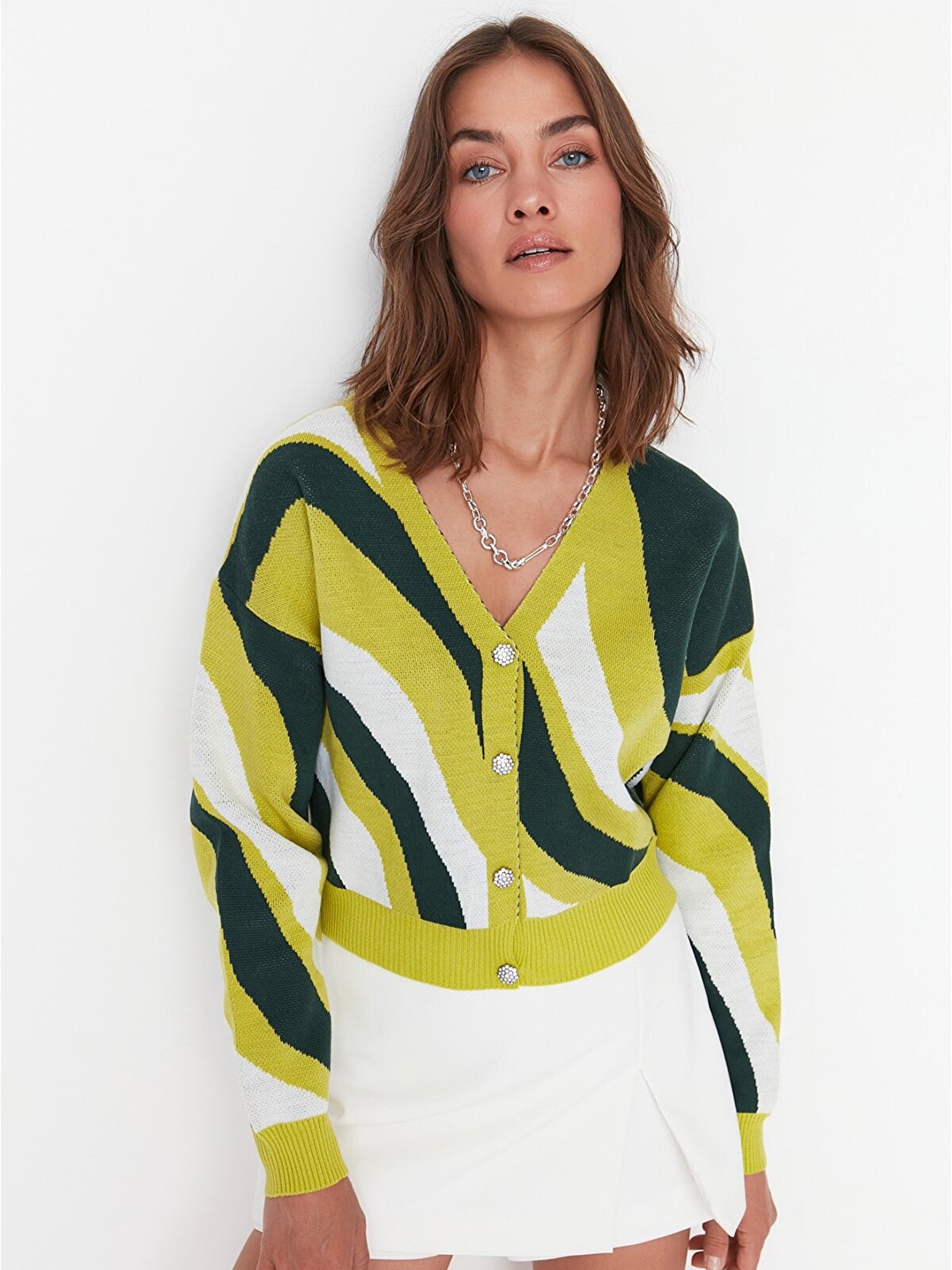 

Trendyol Women Green & White Colorblocked Top