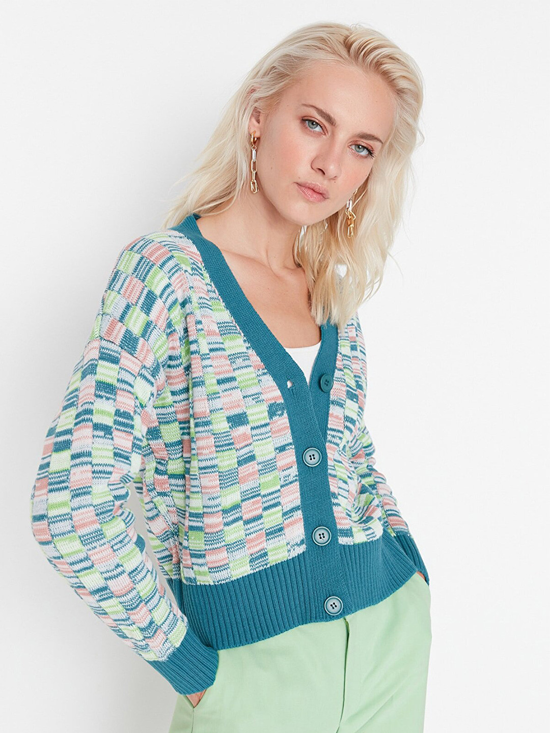

Trendyol Women Blue & Green Crop Cardigan