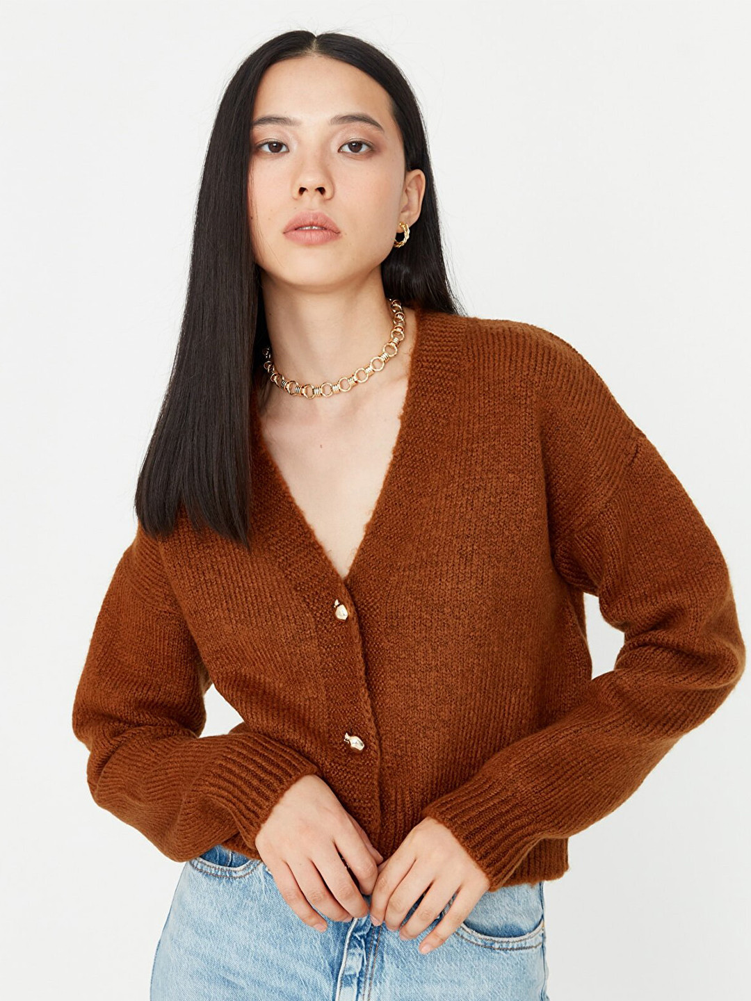 

Trendyol Women Brown Acrylic Cable Knit Crop Cardigan Sweater