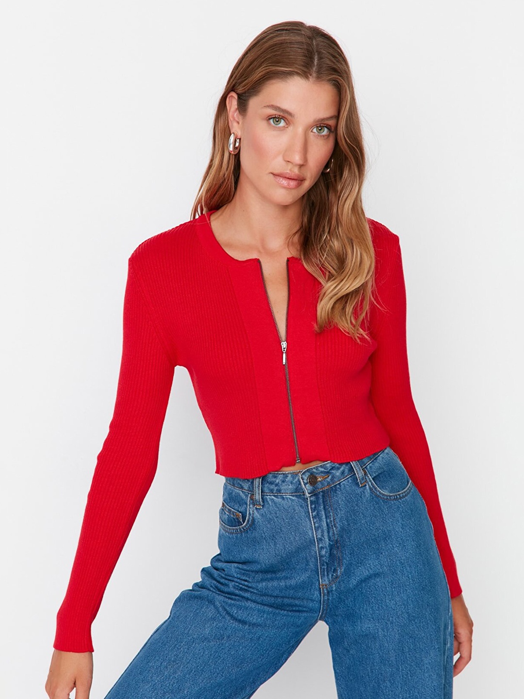 

Trendyol Women Red Ribbed Crop Cardigan