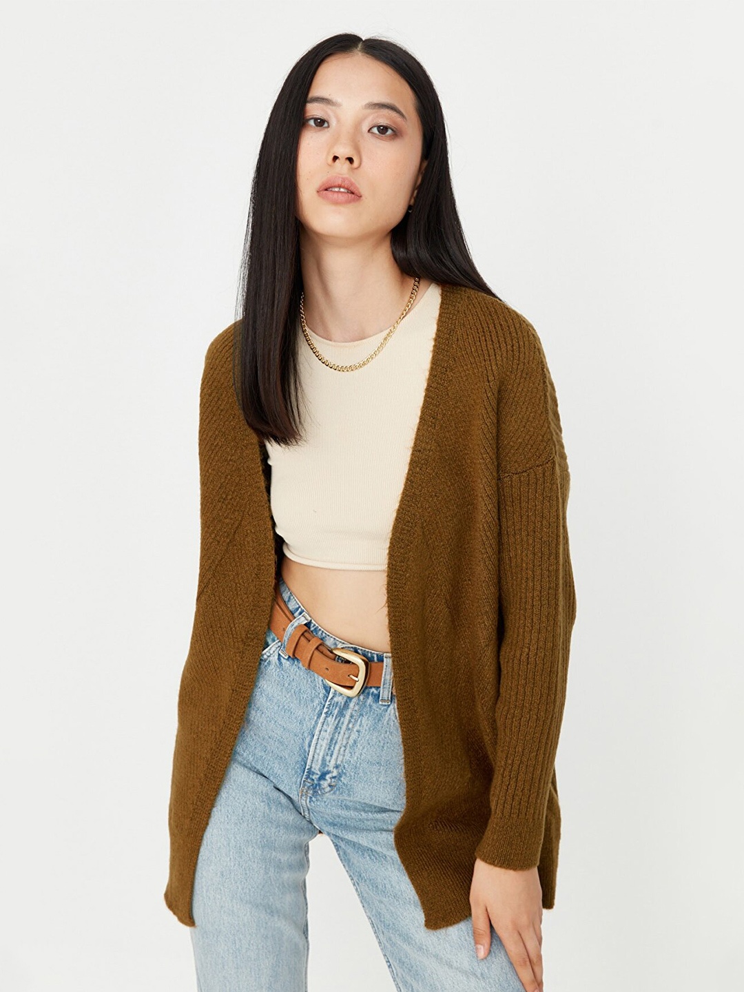 

Trendyol Women Brown Self Design Acrylic Longline Sweaters