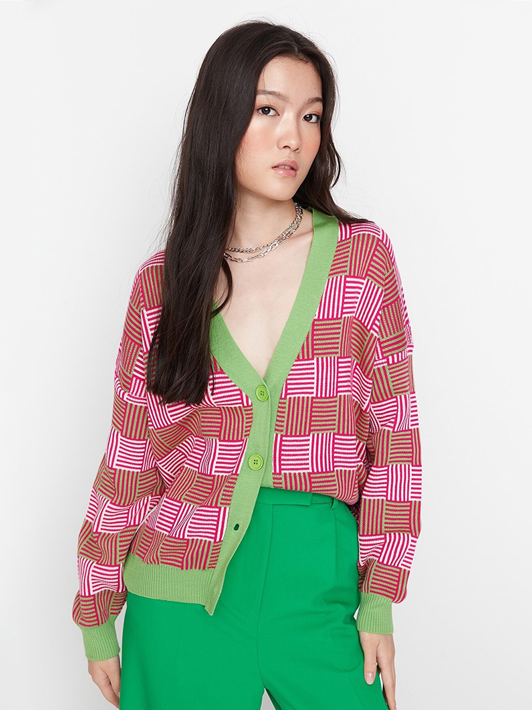 

Trendyol Women Green Striped Acrylic Cardigan Sweater, Pink