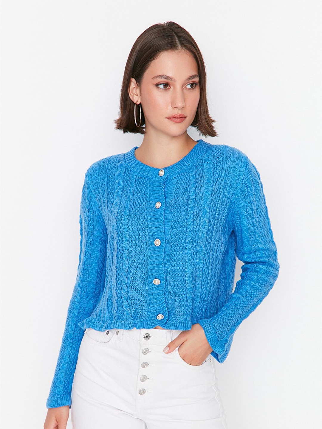 

Trendyol Women Blue Acrylic Crop Cardigan Sweater