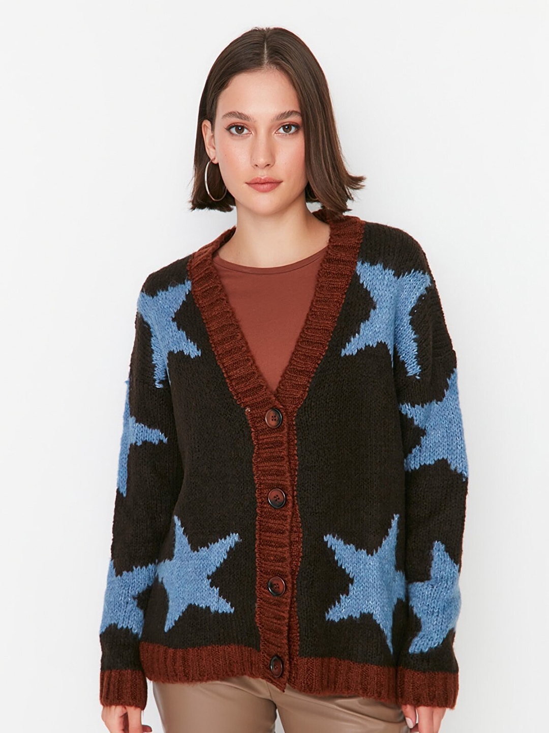 

Trendyol Women Brown & Blue Self-Design Cardigan