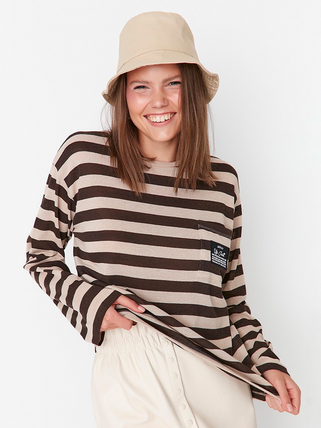 

Trendyol Beige & Brown Striped Top
