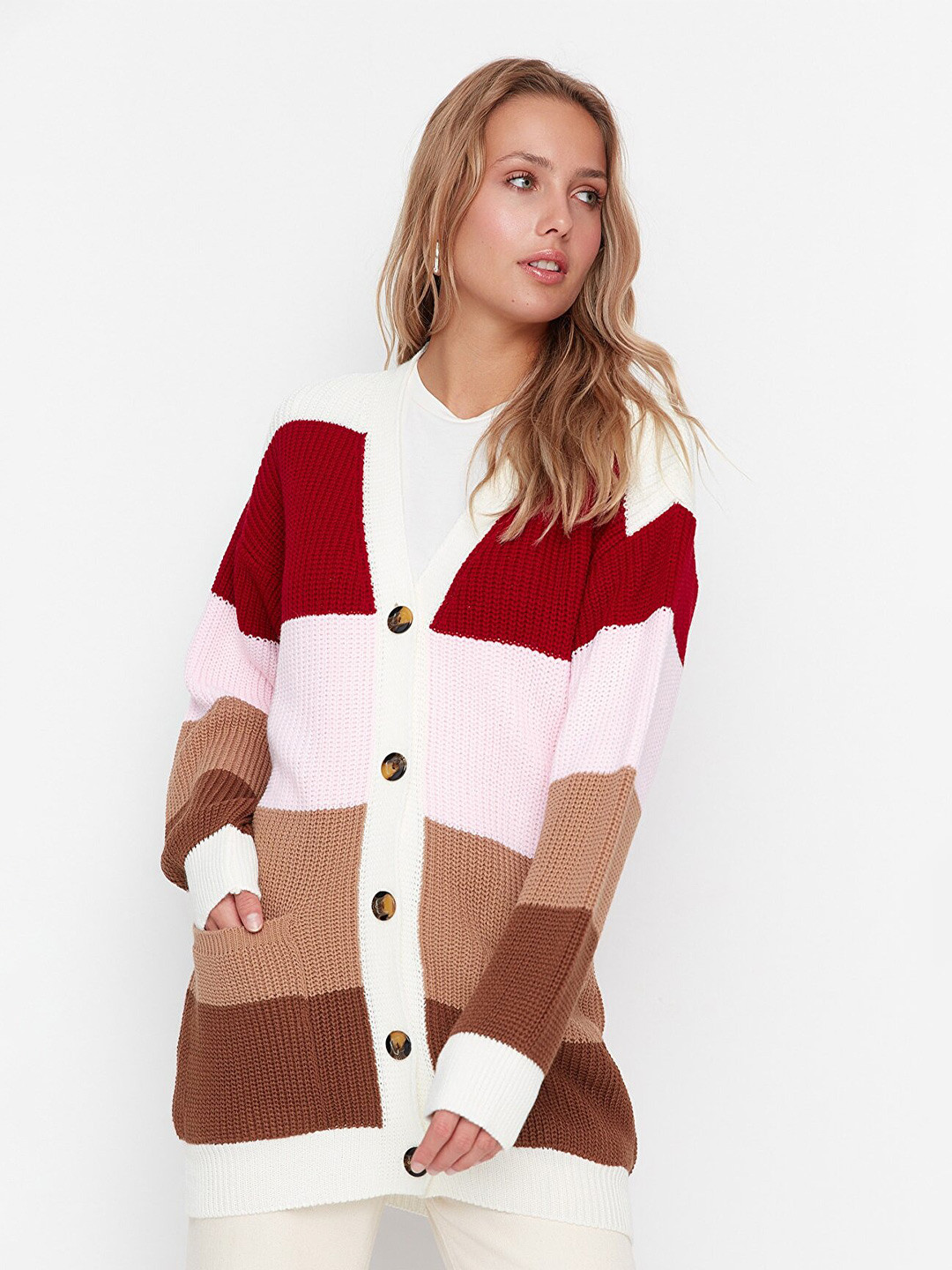 

Trendyol Brown & Red Colourblocked Shirt Style Top