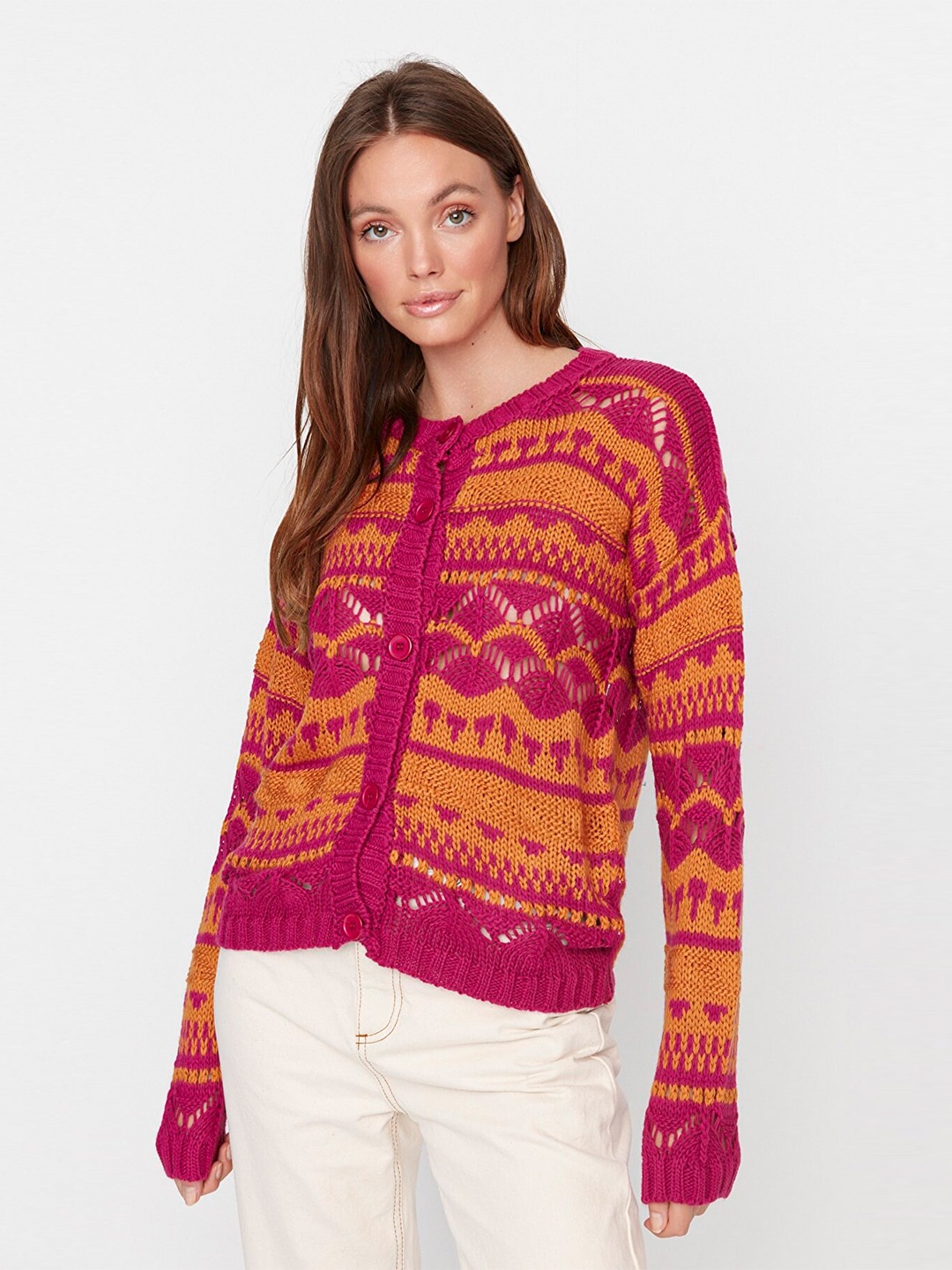 

Trendyol Women Fuchsia & Orange Printed Cardigan