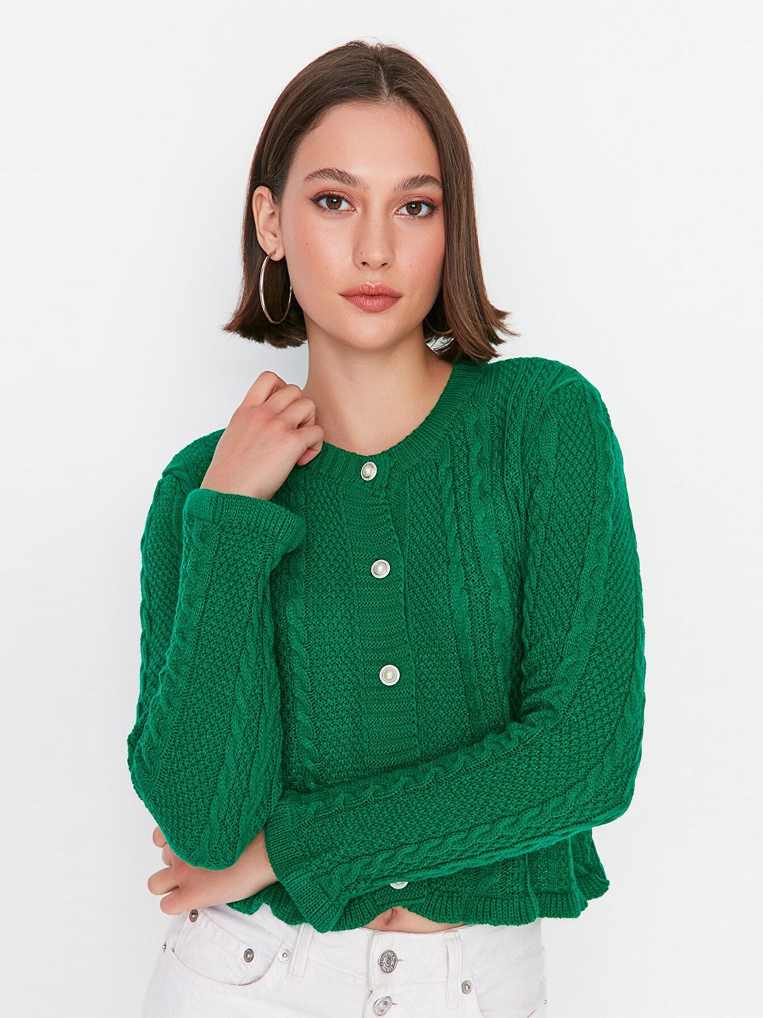

Trendyol Women Green Cable Knit Crop Cardigan