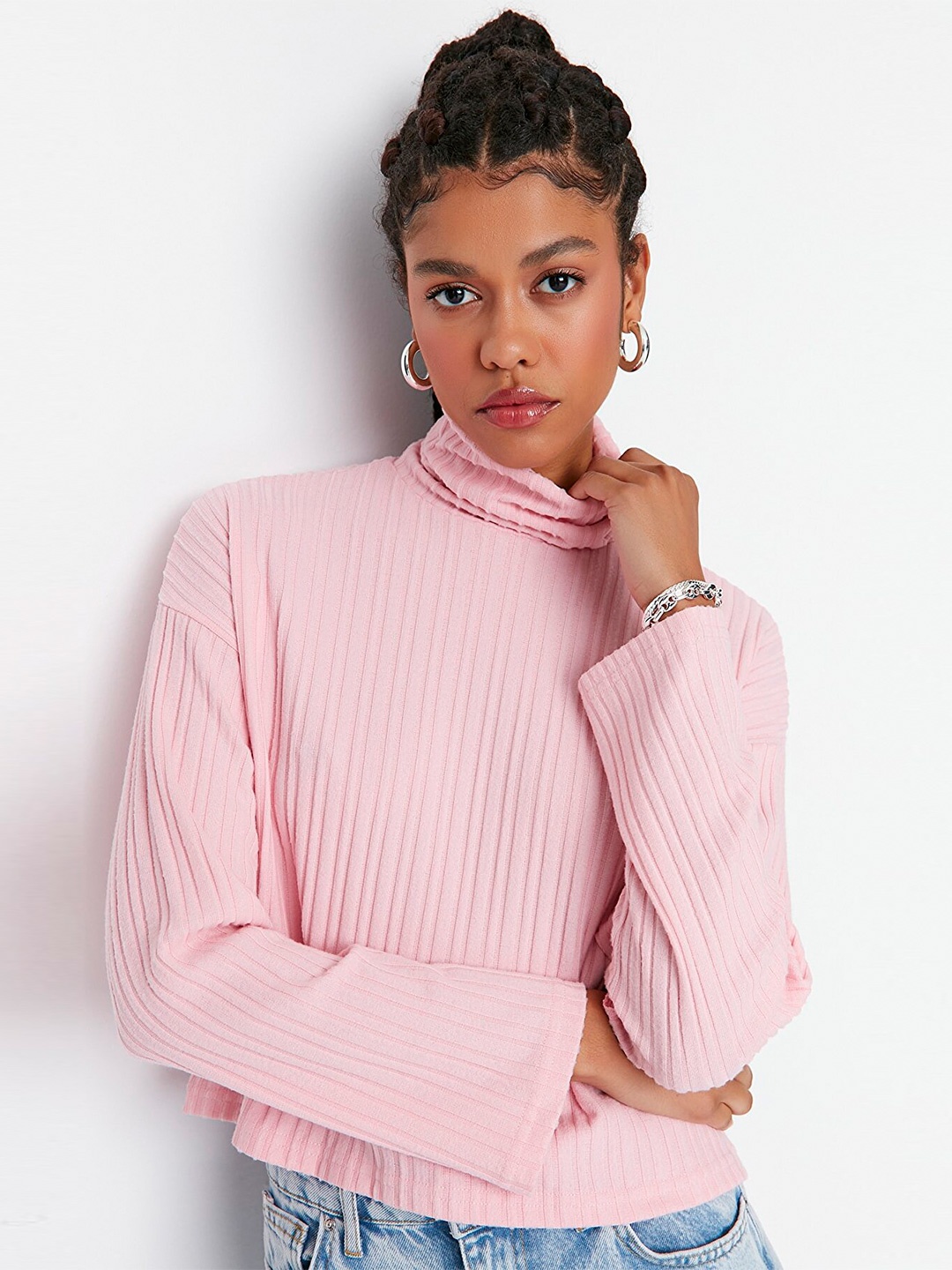 

Trendyol Women Pink Striped High Neck Top