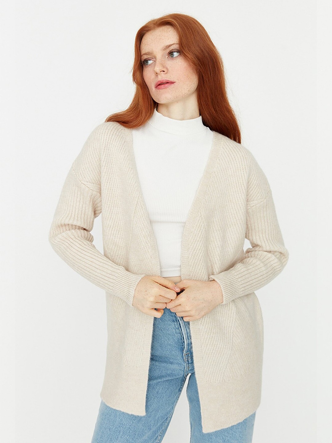 

Trendyol Women Beige Longline Front-Open Sweater