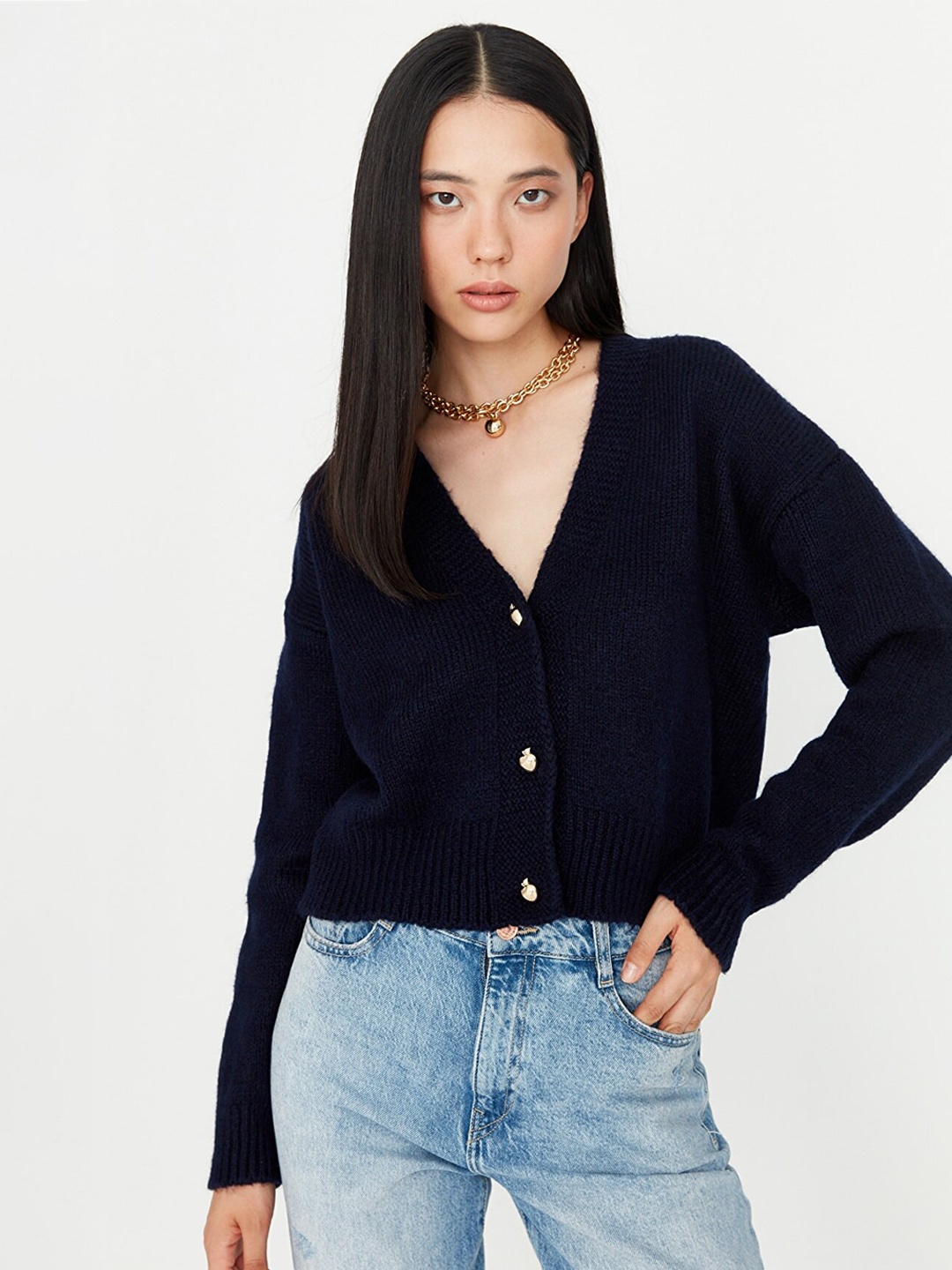 

Trendyol Women Navy Blue Crop Cardigan