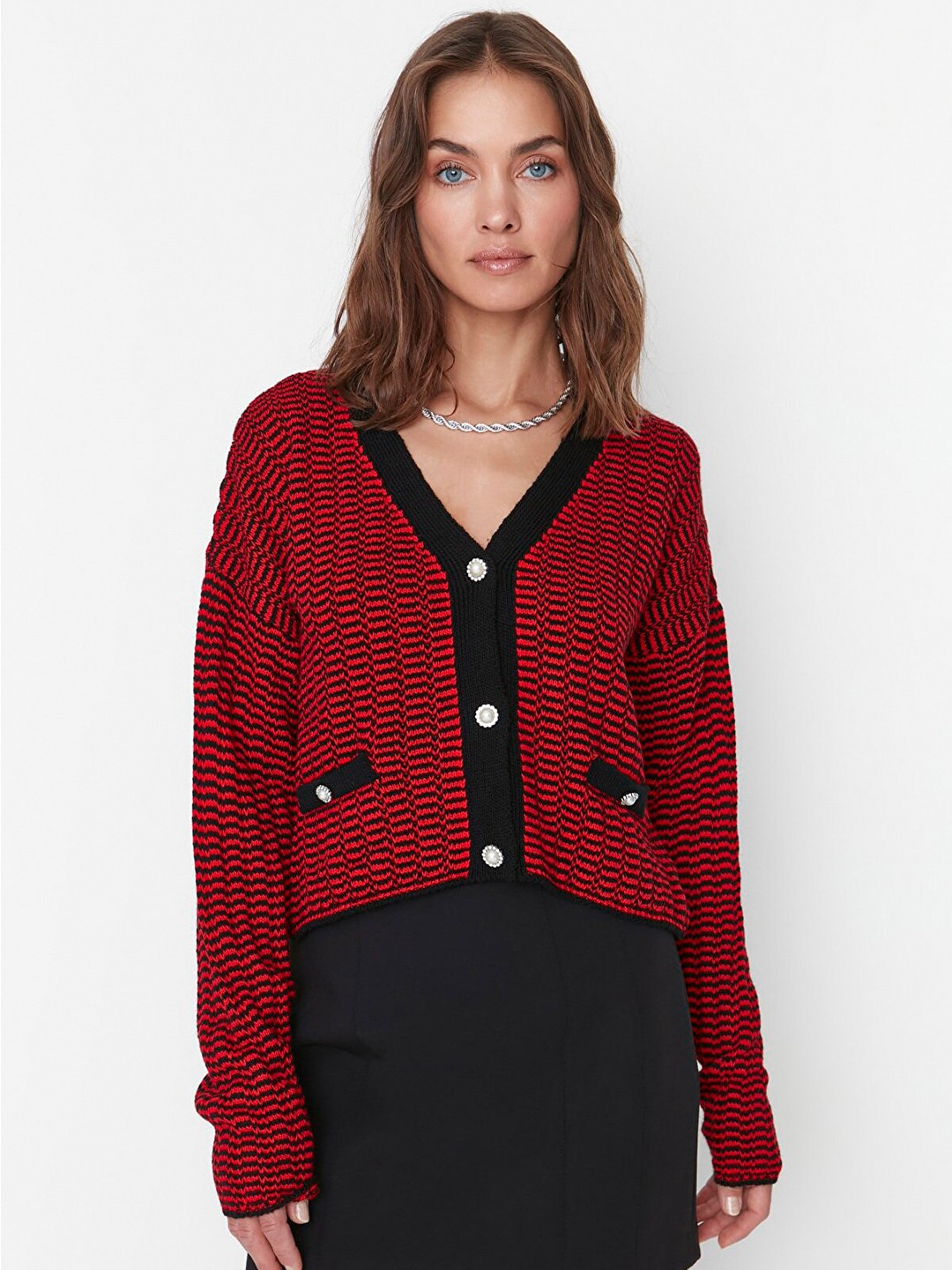 

Trendyol Women Black & Red Striped Acrylic Cardigan