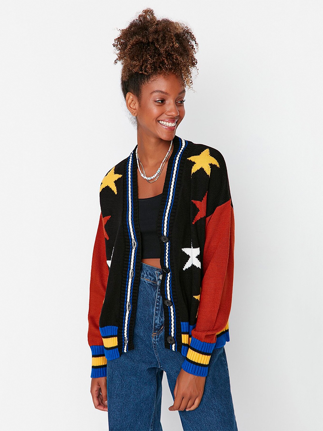 

Trendyol Women Black & Red Printed Cardigan