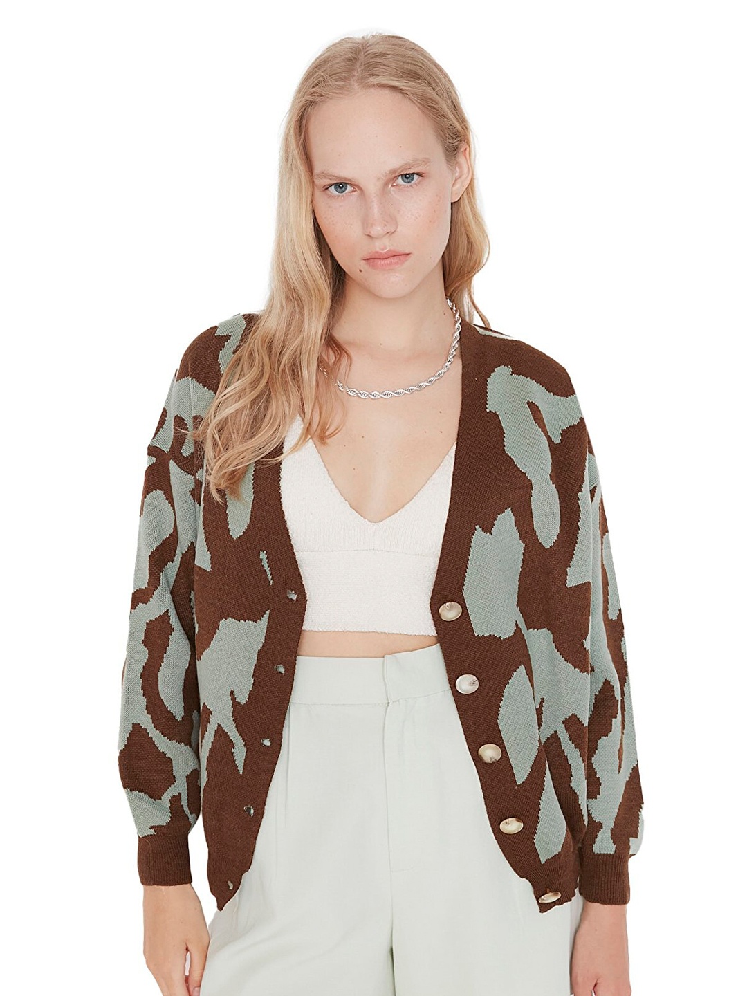 

Trendyol Women Brown & Green Printed Cardigan