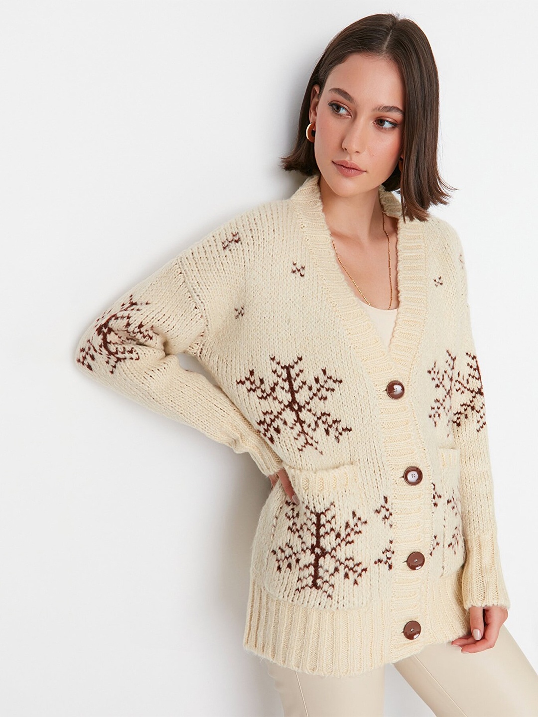 

Trendyol Women Off White Fair Isle Cardigan Sweater