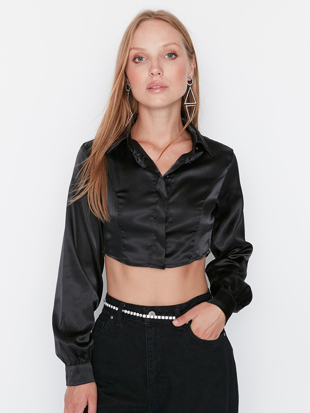 

Trendyol Black Shirt Style Crop Top