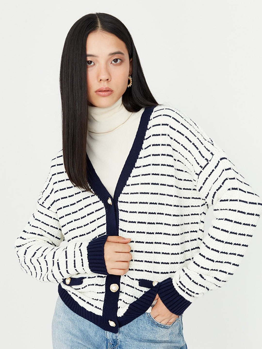 

Trendyol Navy Blue & White Striped Shirt Style Top