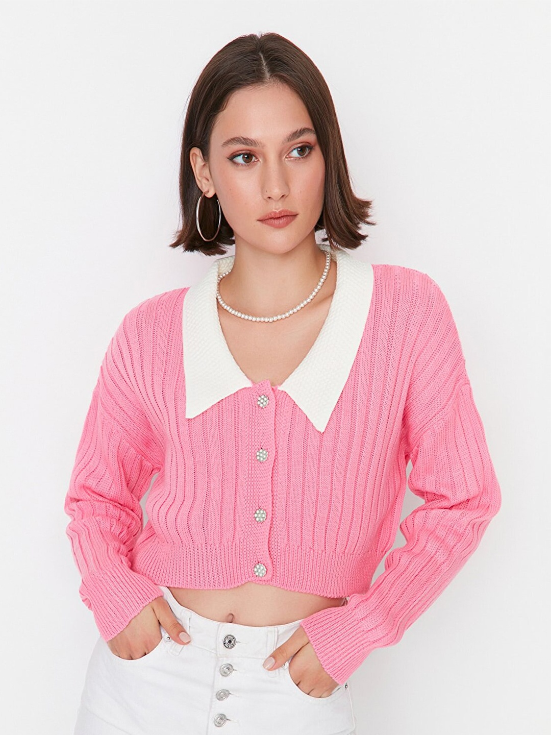 

Trendyol Pink & White Striped Extended Sleeves Shirt Style Crop Top